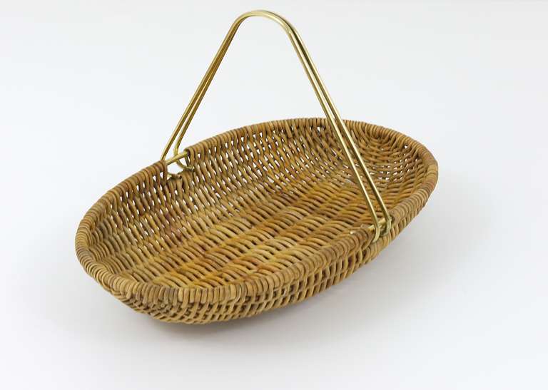 Carl Aubock Vienna Wicker Fruit Basket with Brass Handle, 1950s 1