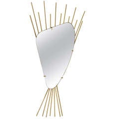 Charming Italian Midcentury Kidney Mirror, Brass Sunburst, 1950s