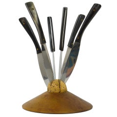 Carl Aubock Walnut Knife Holder with Six Amboss Knives with Horn Handles, 1950s