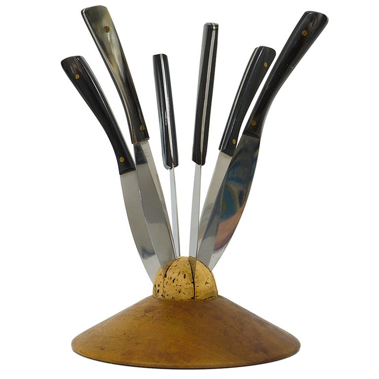 Carl Aubock Walnut Knife Holder with Six Amboss Knives with Horn Handles, 1950s For Sale