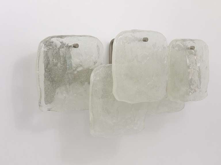 Mid-Century Modern Set of two Large  J.T. Kalmar Pulegoso Ice Glass Panel Sconces, Austria, 1960s