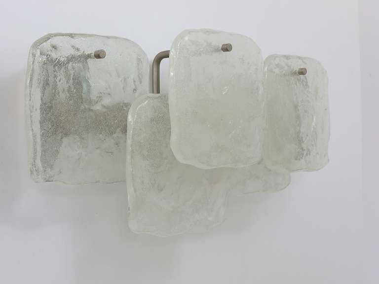 Set of two Large  J.T. Kalmar Pulegoso Ice Glass Panel Sconces, Austria, 1960s 3