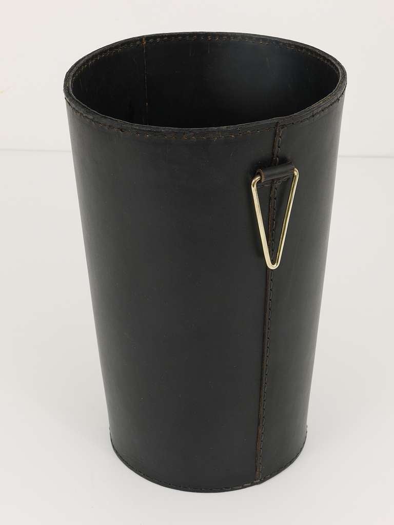Mid-Century Modern Carl Aubock Black Leather Wastepaper Basket, 1950s
