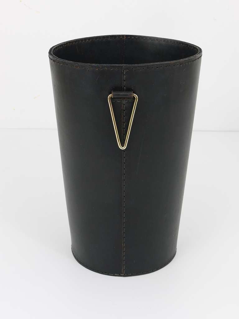 Carl Aubock Black Leather Wastepaper Basket, 1950s 3