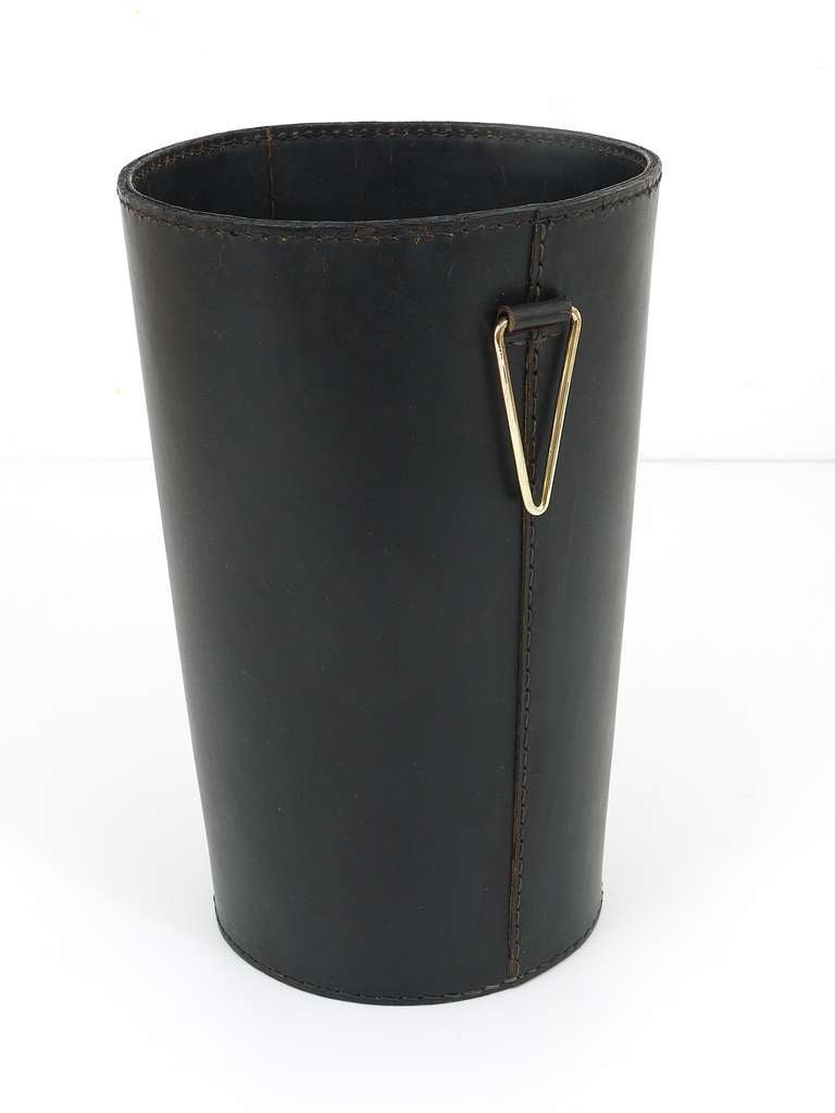 Carl Aubock Black Leather Wastepaper Basket, 1950s 4