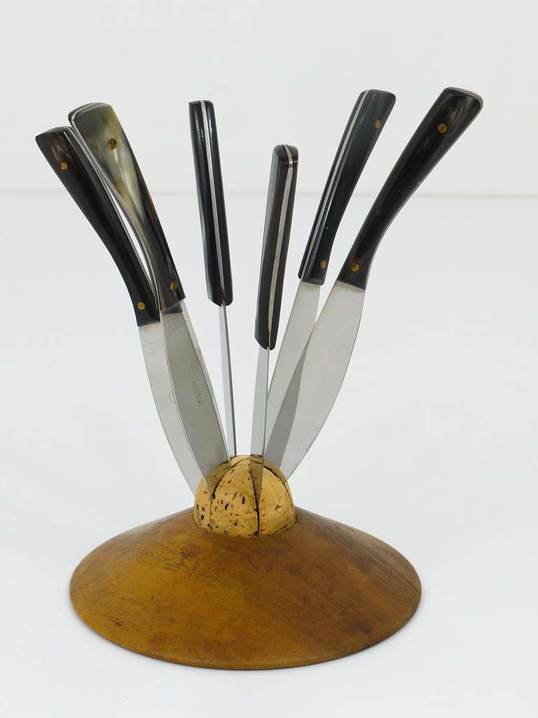 Mid-Century Modern Carl Aubock Walnut Knife Holder with Six Amboss Knives with Horn Handles, 1950s For Sale