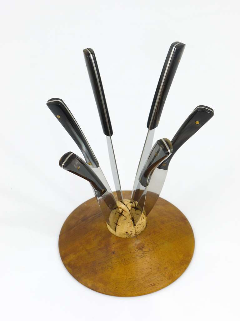 Austrian Carl Aubock Walnut Knife Holder with Six Amboss Knives with Horn Handles, 1950s For Sale