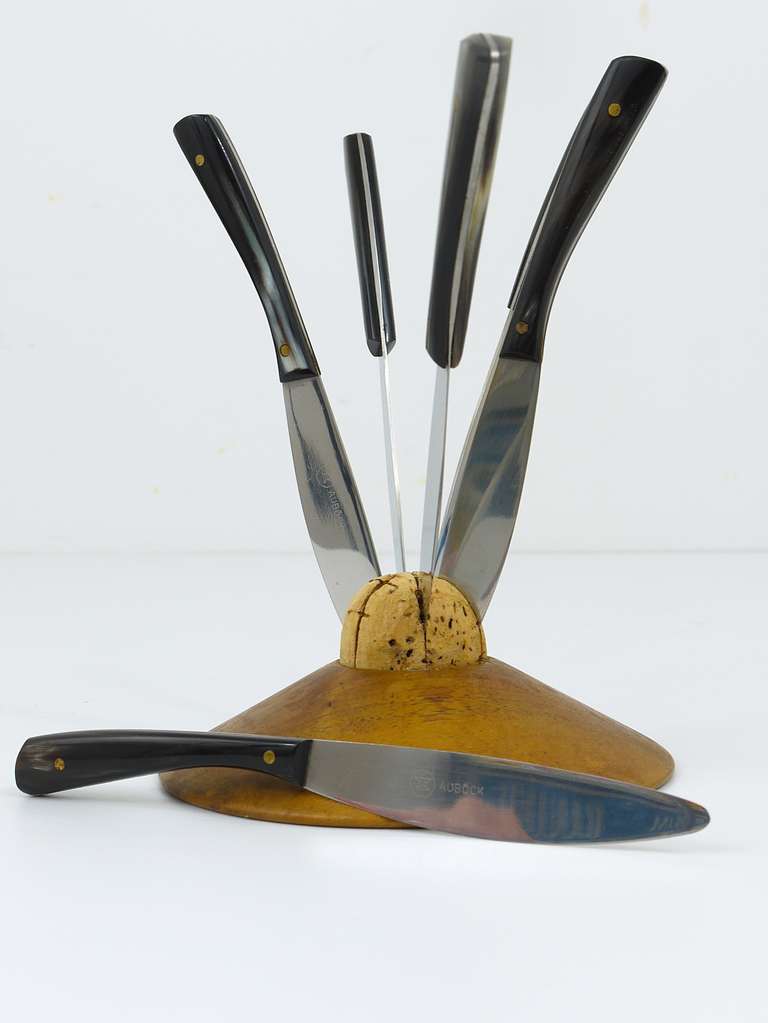 Stainless Steel Carl Aubock II Walnut Knife Holder with 6 Amboss Knives, Austria, 1950s For Sale