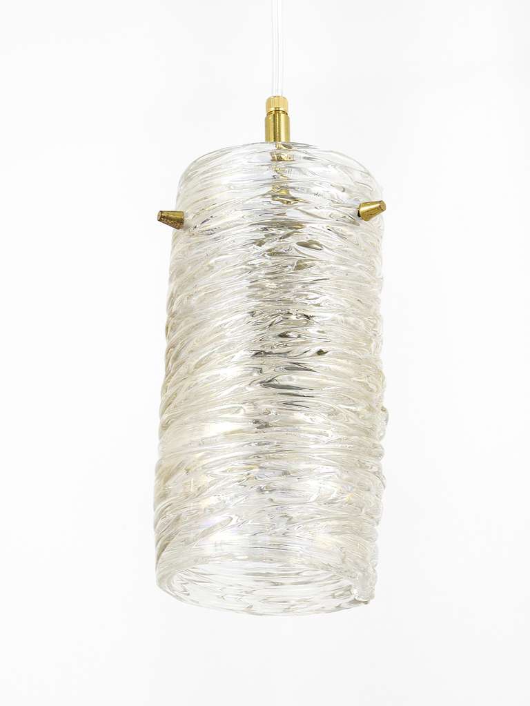 Mid-Century Modern J.T. Kalmar Mid-Century Textured Glass Tube Brass Pendant Lamp, Austria, 1950s For Sale