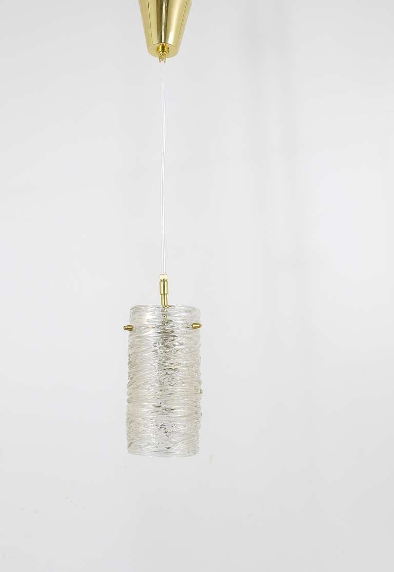 20th Century J.T. Kalmar Mid-Century Textured Glass Tube Brass Pendant Lamp, Austria, 1950s For Sale