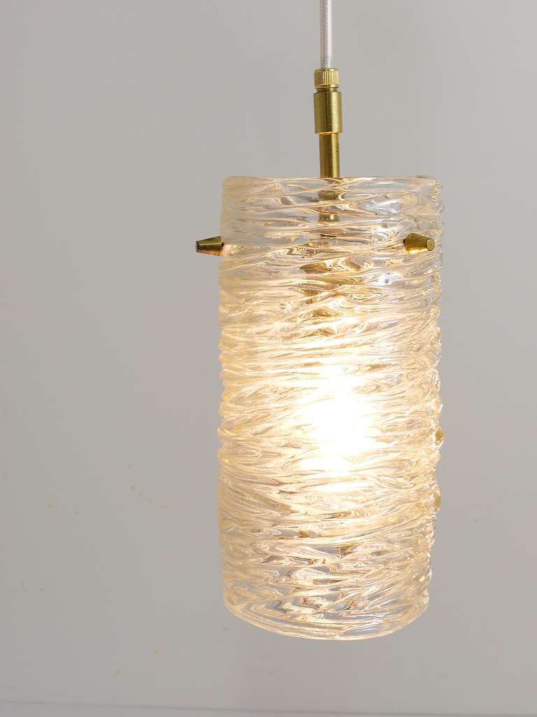 J.T. Kalmar Mid-Century Textured Glass Tube Brass Pendant Lamp, Austria, 1950s For Sale 3