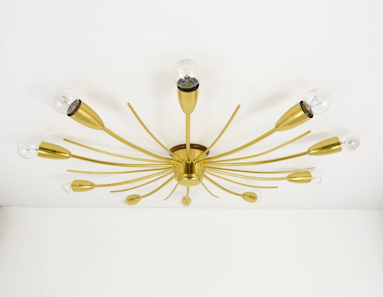 Austrian Large J.T. Kalmar Sonne Sun Brass Spider Chandelier Flush Mount, Austria, 1950s For Sale