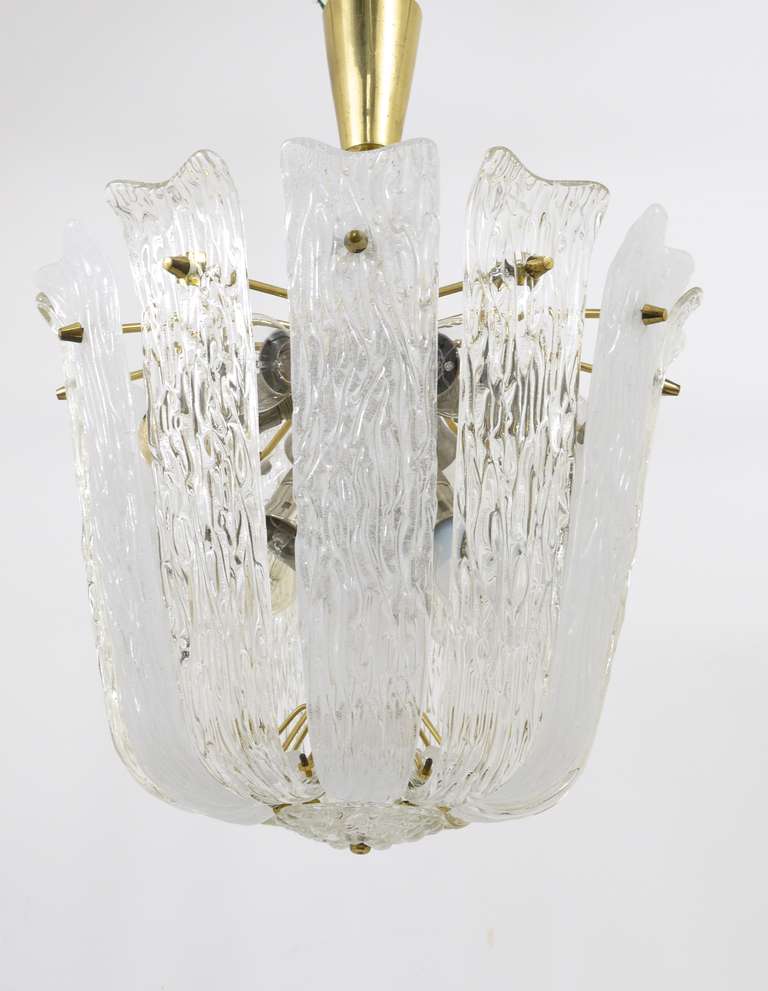 J.T. Kalmar Brass & Textured Glass Mid-Century Basket Chandelier, Austria, 1950s For Sale 1