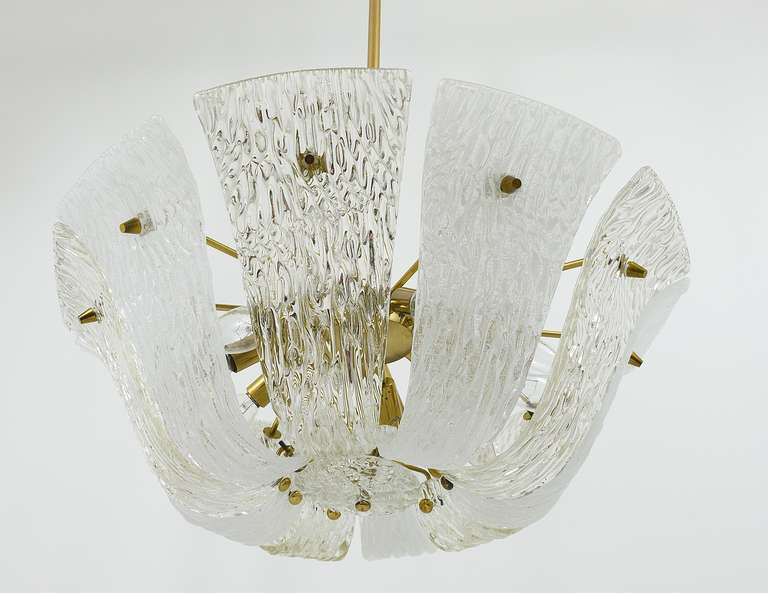 Mid-Century Modern Huge Kalmar Vienna Brass Chandelier with Textured Clear and Frosted Glass