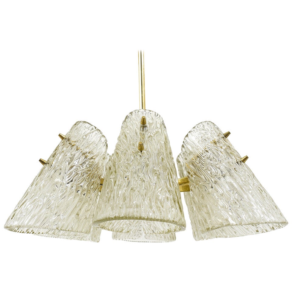 J.T. Kalmar Brass Chandelier, With Textured Glass Cone Lampshades, Austria, 1950 For Sale