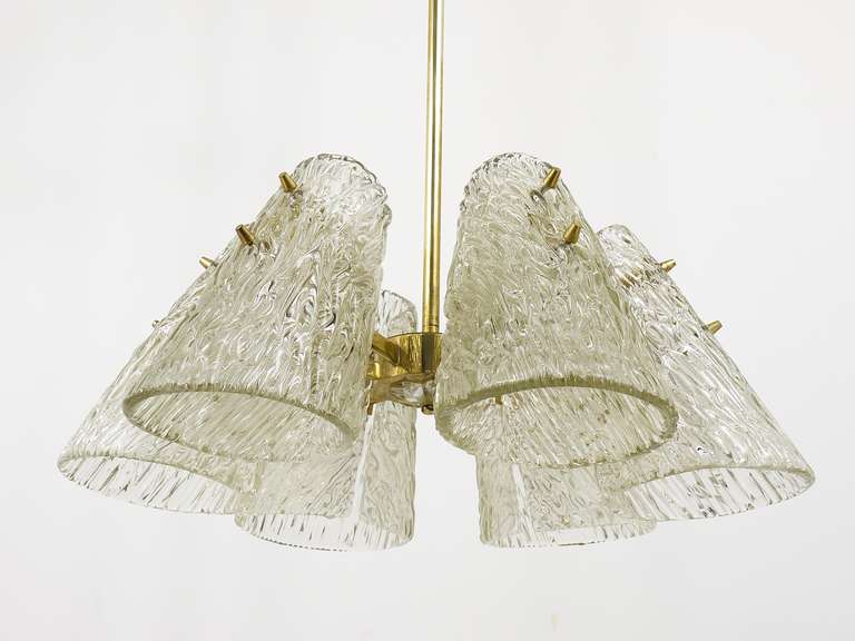 J.T. Kalmar Brass Chandelier, With Textured Glass Cone Lampshades, Austria, 1950 For Sale 3