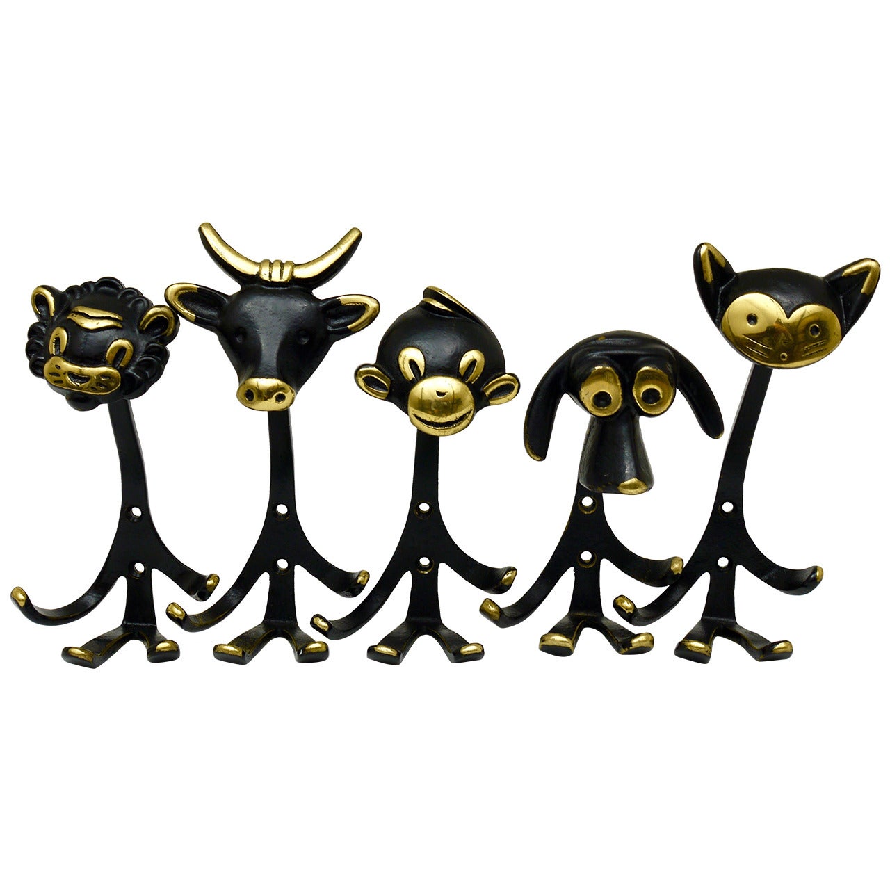 Five Walter Bosse Brass Wall Hooks of a Lion, Cow, Monkey, Dog and Cat, 1950s