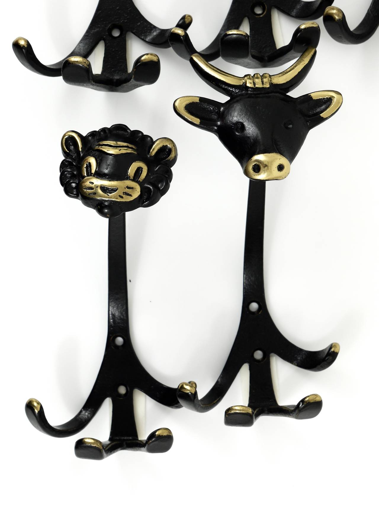 20th Century Five Walter Bosse Brass Wall Hooks of a Lion, Cow, Monkey, Dog and Cat, 1950s