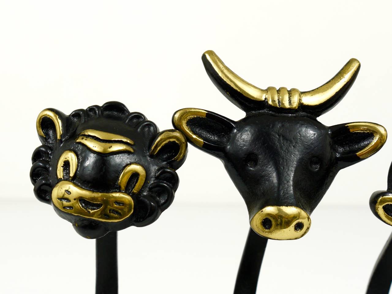 Five Walter Bosse Brass Wall Hooks of a Lion, Cow, Monkey, Dog and Cat, 1950s 1