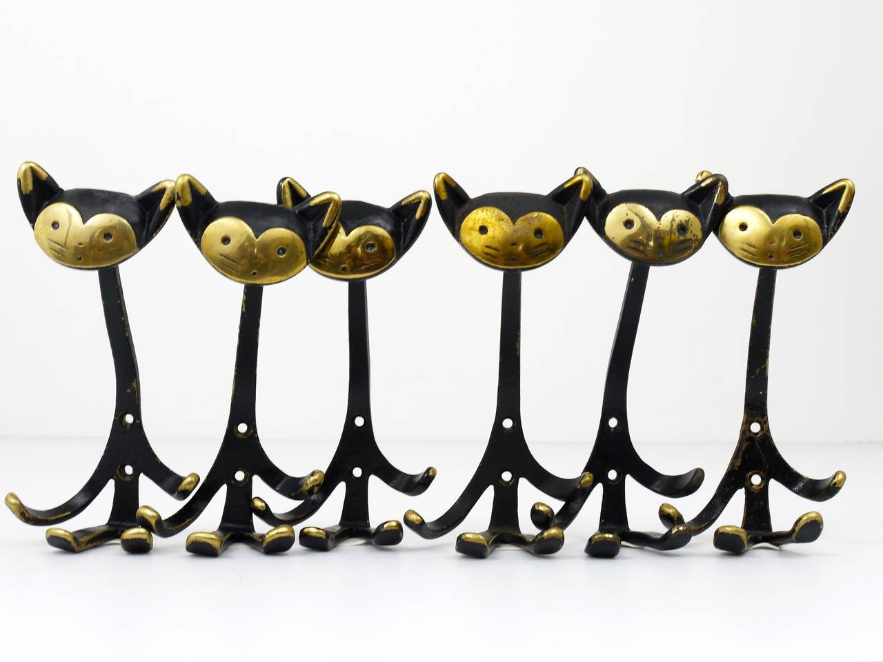 20th Century Up to Eight Walter Bosse Brass Animal Wall Hooks Displaying a Cat Austria, 1950s