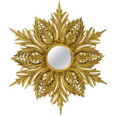 Floral French Carved Giltwood Sunburst Mirror with Leaves, 1950s