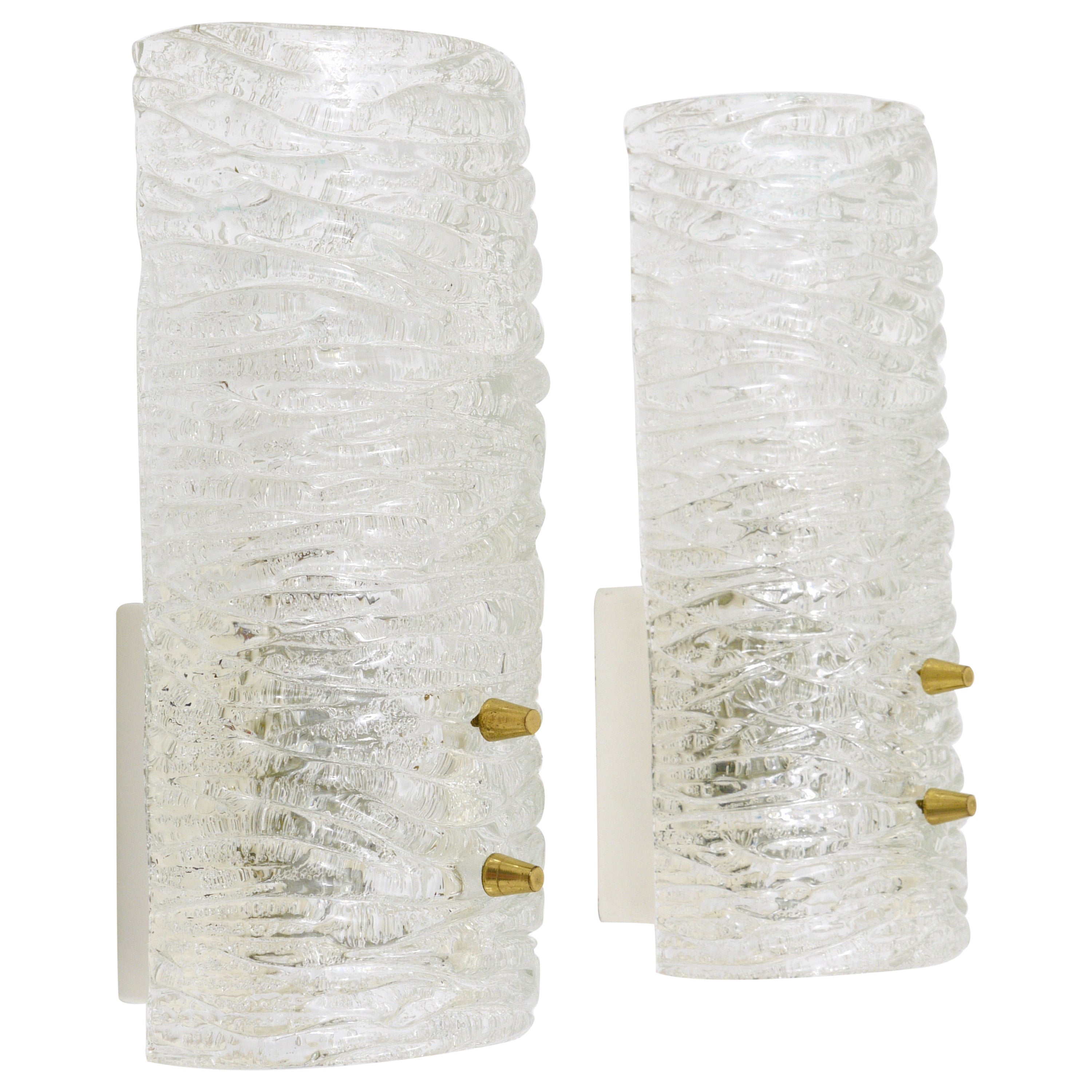 J.T. Kalmar Pair Sconces Wall Lamps, Brass & Textured Glass, Austria, 1950s