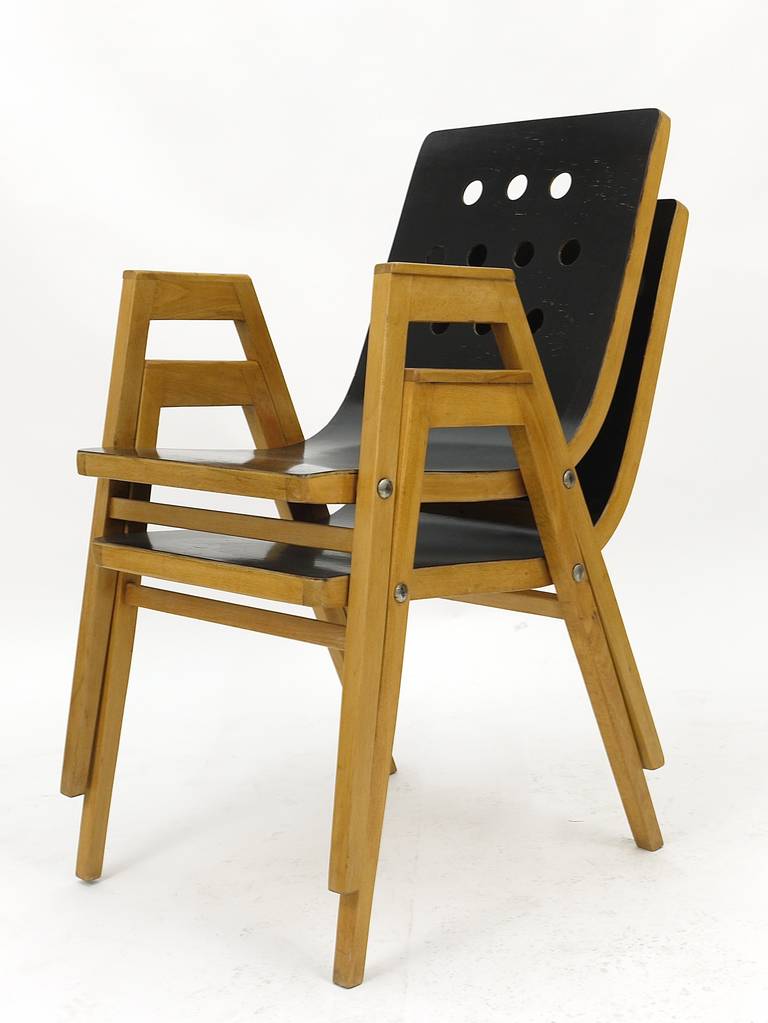 Two Austrian Armrest Stacking Chairs by Roland Rainer, 1950s, Emil & Alfred Pollak