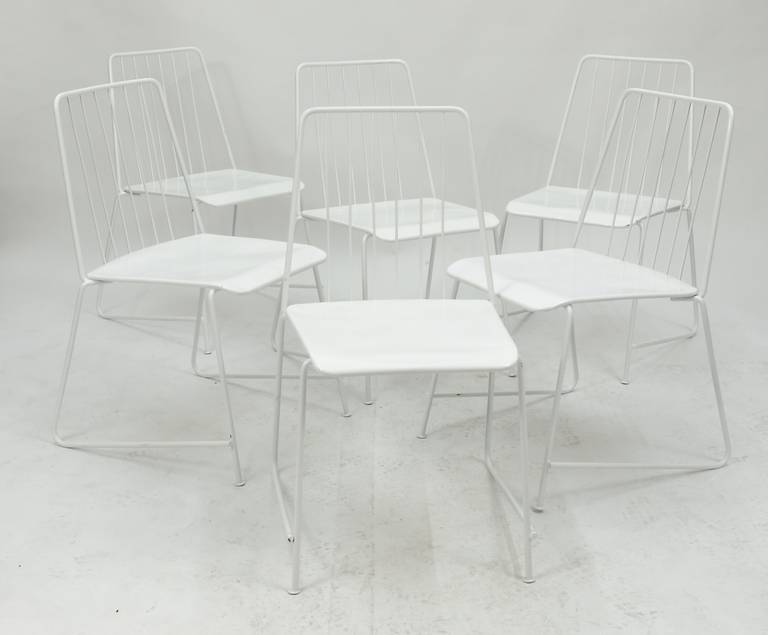 A beautiful set of six Viennese white painted stackable metal chairs, model Sudbahn, designed and executed in the 1950s by Karasek Vienna. In used but good condition, please notice that there are fine dents on the seatings, caused by stacking. Rare