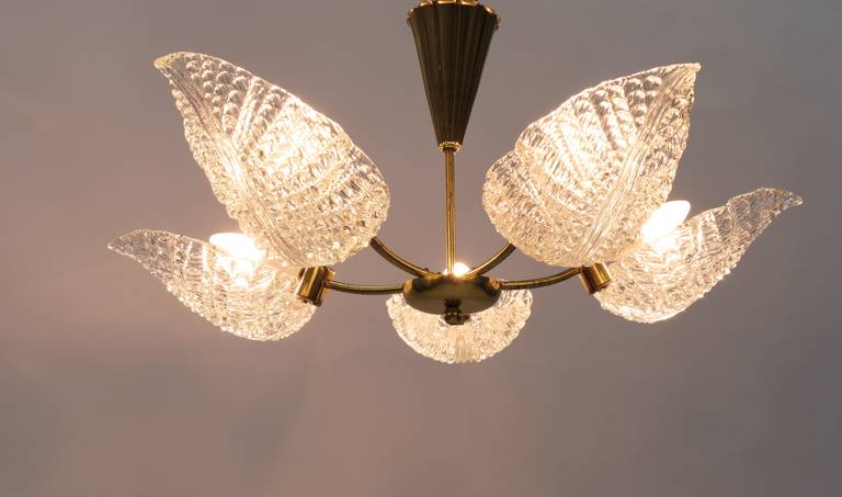 Mid-Century Barovier & Toso Style Murano Glass Leaves Brass Chandelier, Italy 3