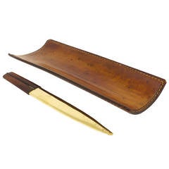 Carl Aubock Brass Letter Opener, Pencil Groove Leather Tray