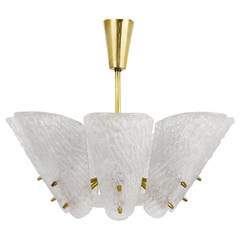 Kalmar Mid Century Brass Chandelier with White Textured Glass Lamp Shades, 1950s 4