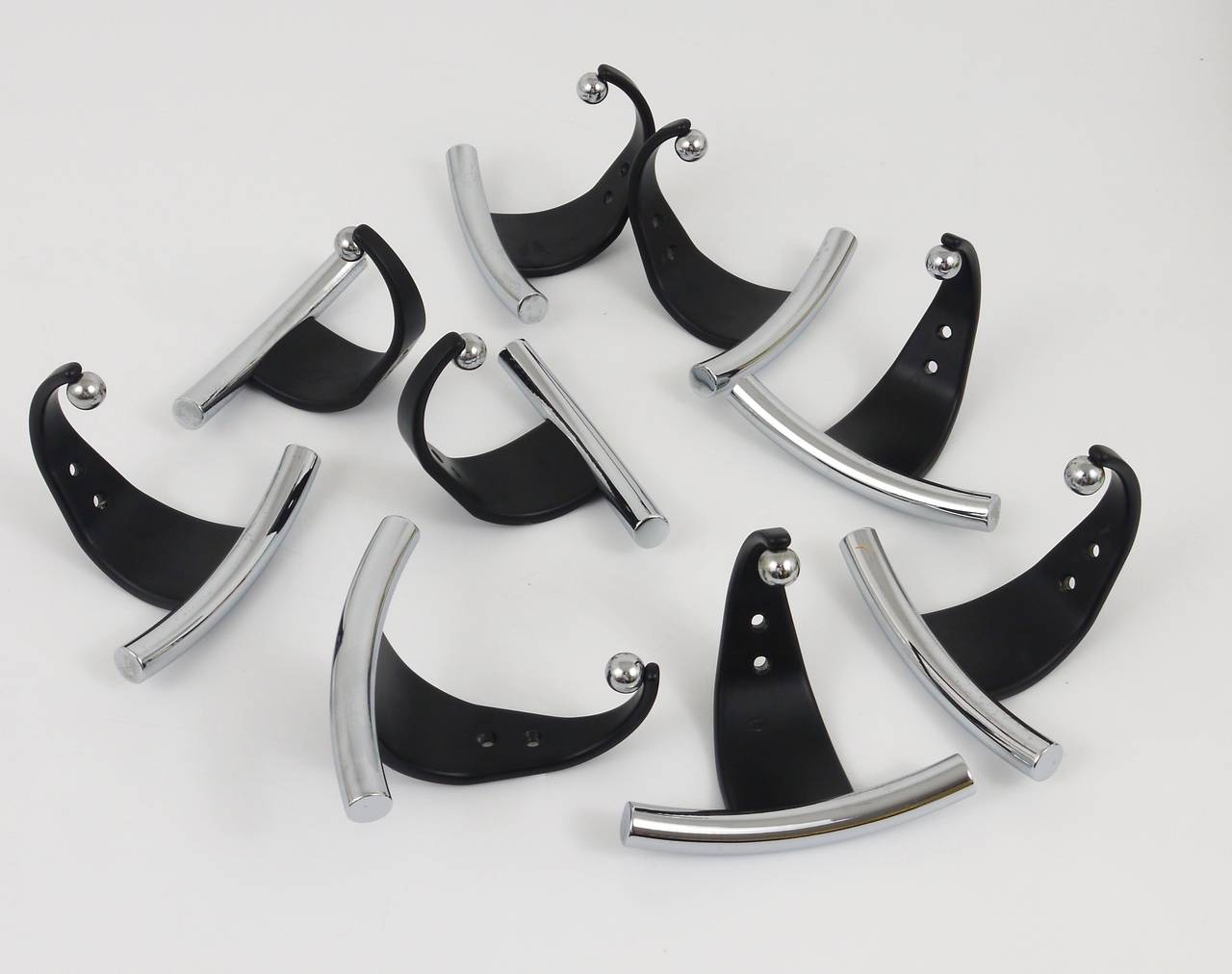 Metal Up to Seven Postmodern Chrome & Black Wall Coat Hooks, Italy, 1980s For Sale