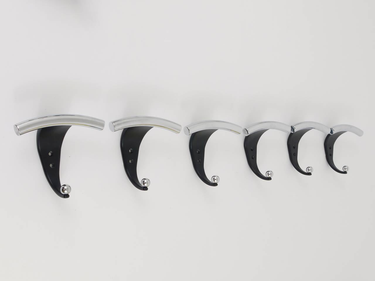 Late 20th Century Up to Seven Postmodern Chrome & Black Wall Coat Hooks, Italy, 1980s For Sale