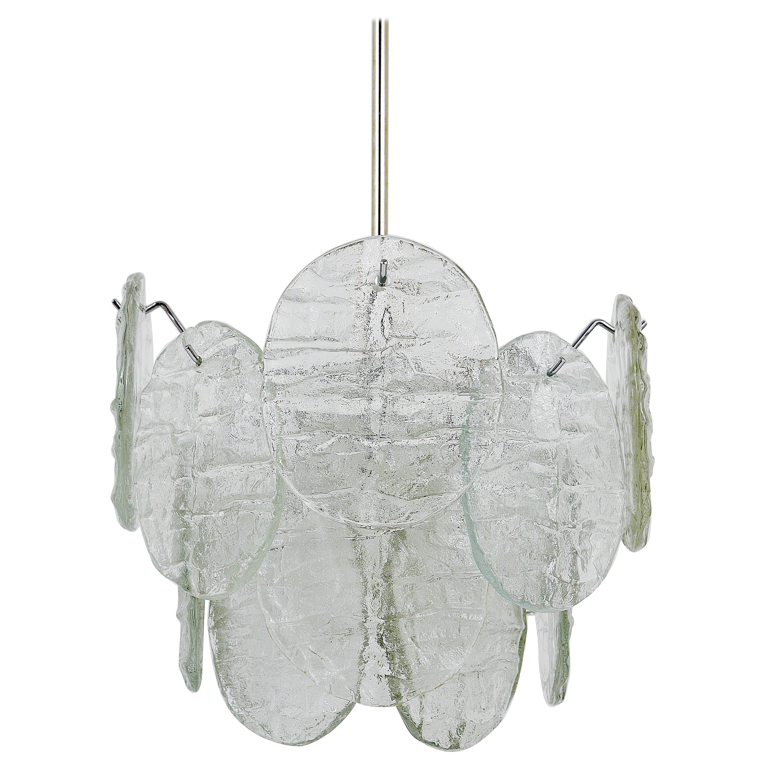 J.T. Kalmar Vienna Ice Glass Disc Mid-Century Chandelier, Austria, 1960s For Sale