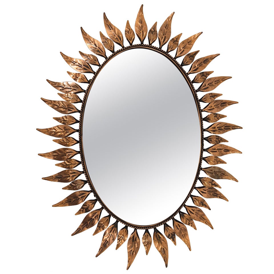 Oval French Copper Sunburst Wall Mirror with Leaves, 1970´s