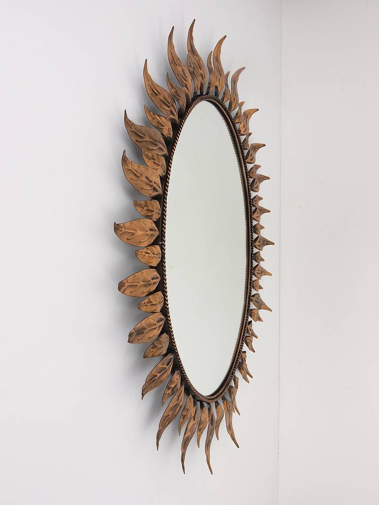 Modern Oval French Copper Sunburst Wall Mirror with Leaves, 1970´s