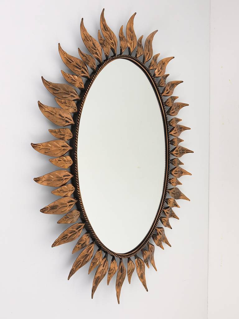 Austrian Oval French Copper Sunburst Wall Mirror with Leaves, 1970´s