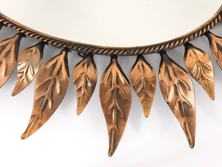 Oval French Copper Sunburst Wall Mirror with Leaves, 1970´s 1