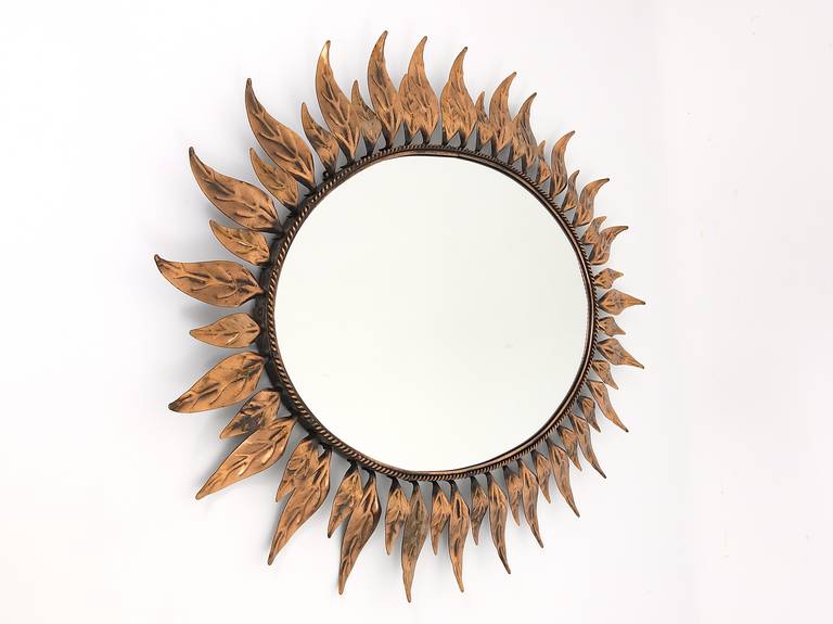 Oval French Copper Sunburst Wall Mirror with Leaves, 1970´s 2