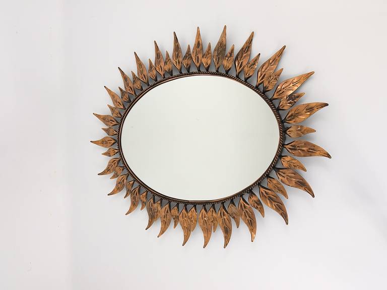 Oval French Copper Sunburst Wall Mirror with Leaves, 1970´s 3