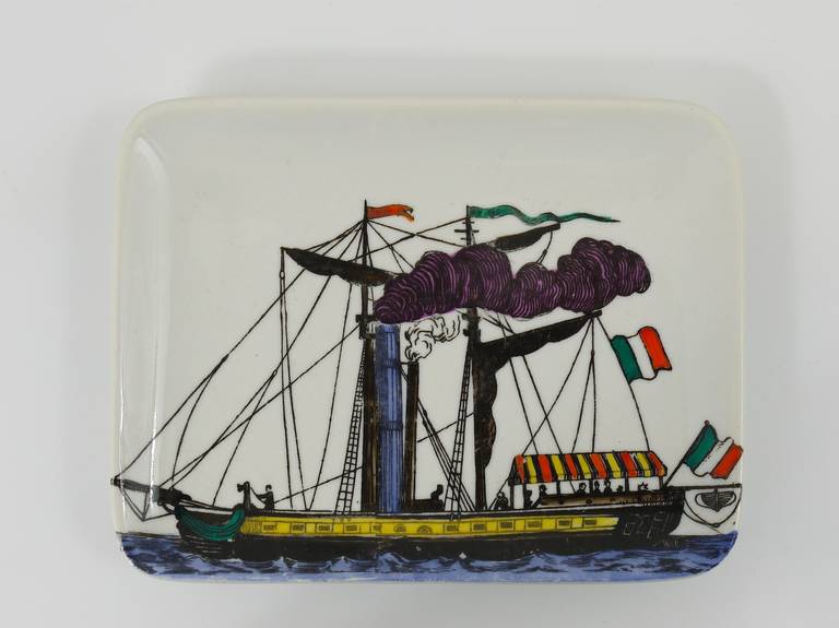 Mid-Century Modern Beautiful Square Steamboat Plate by Piero Fornasetti, Italy, 1970s