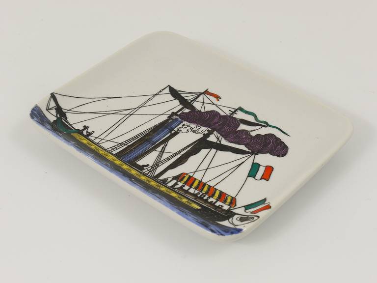 Late 20th Century Beautiful Square Steamboat Plate by Piero Fornasetti, Italy, 1970s