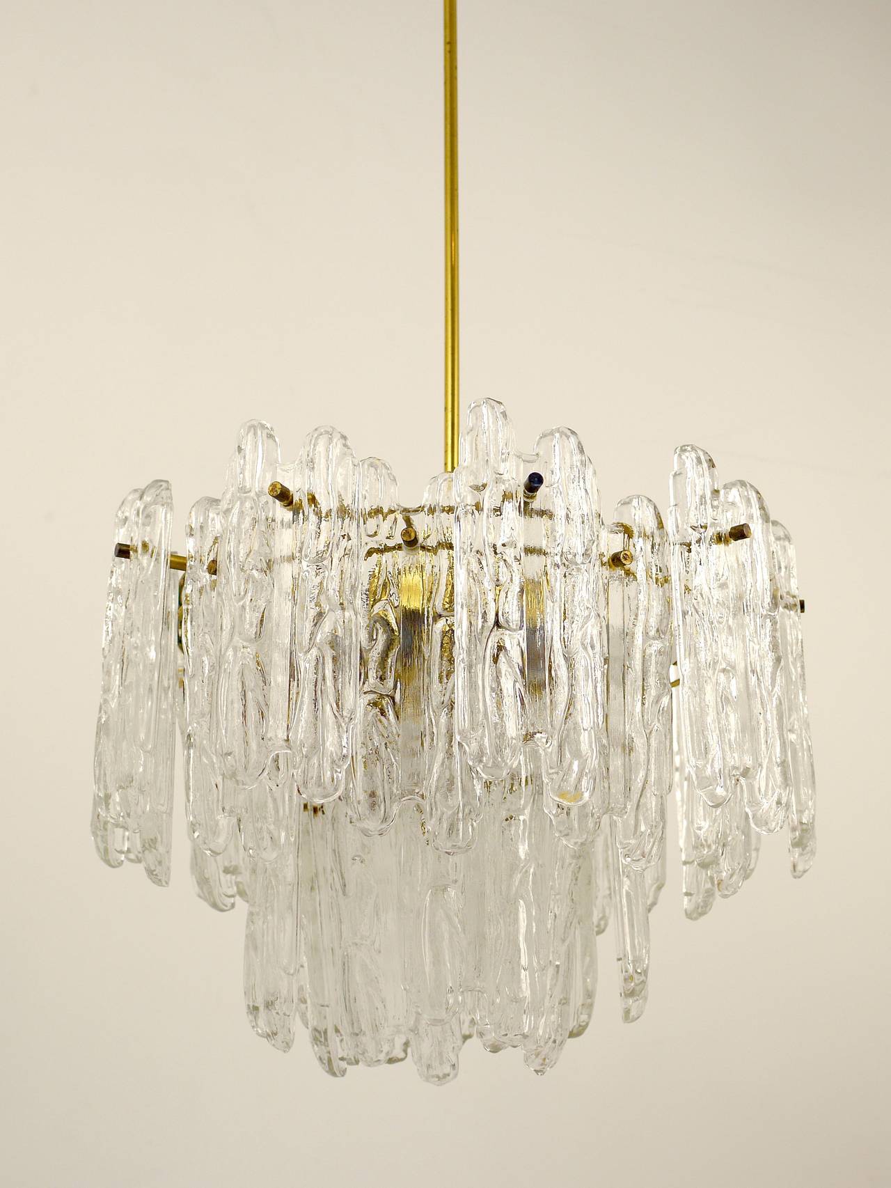 20th Century Kinkeldey Icicle Brass Ice Glass Chandelier, Germany, 1960s For Sale