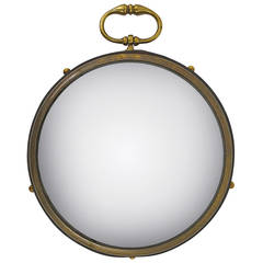 Petite French Convex Brass and Leather Mirror Bullseye Porthole Mirror, 1950s 3