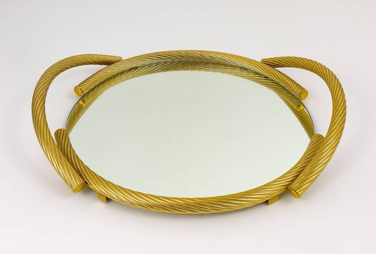 Golden Hollywood Regency Rope Mirror Serving Tray, Gilt Metal, France, 1970s In Good Condition In Vienna, AT