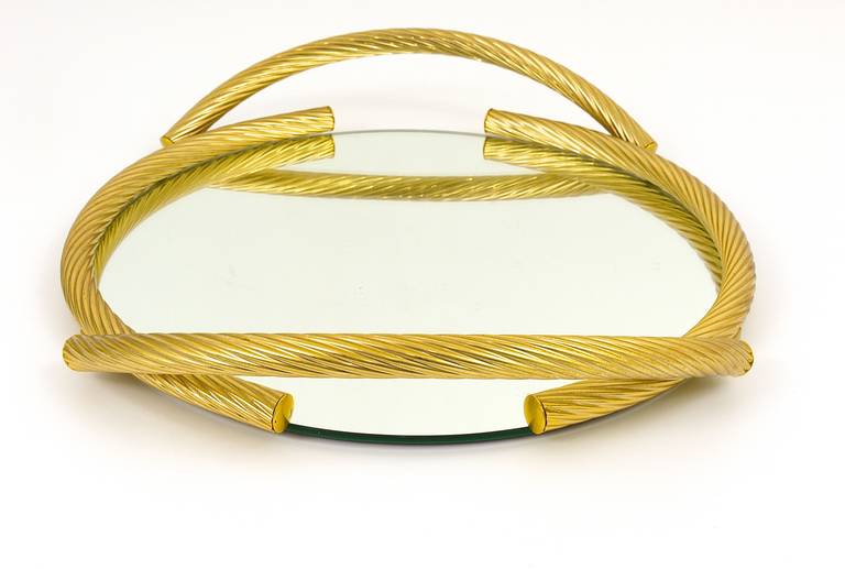 Late 20th Century Golden Hollywood Regency Rope Mirror Serving Tray, Gilt Metal, France, 1970s