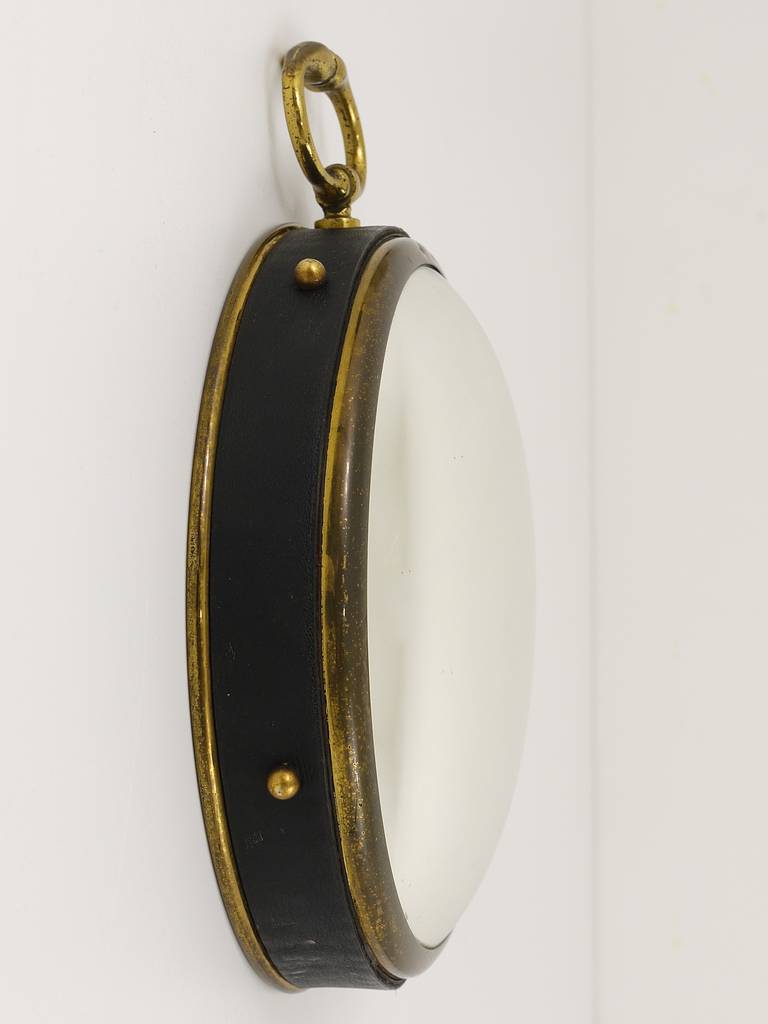 Mid-Century Modern French Round Convex Brass and Leather Bullseye Porthole Mirror, 1950s