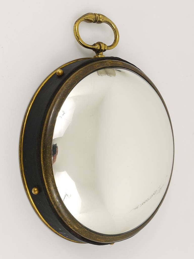 Mid-20th Century French Round Convex Brass and Leather Bullseye Porthole Mirror, 1950s