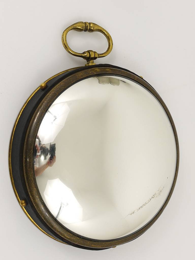 French Round Convex Brass and Leather Bullseye Porthole Mirror, 1950s 1