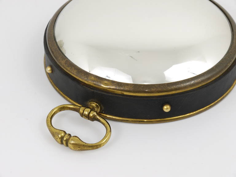 French Round Convex Brass and Leather Bullseye Porthole Mirror, 1950s 2